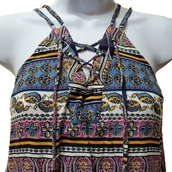Hollister Women's XS Boho Print Sleeveless Dress Lace-Up SummerFestival Style - Picture 2 of 10